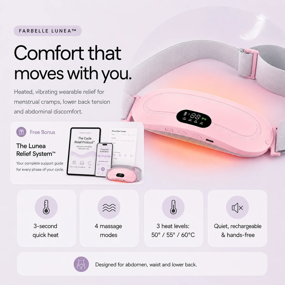 Farbelle Lunea heated menstrual relief belt with free Lunea Relief System digital bonus