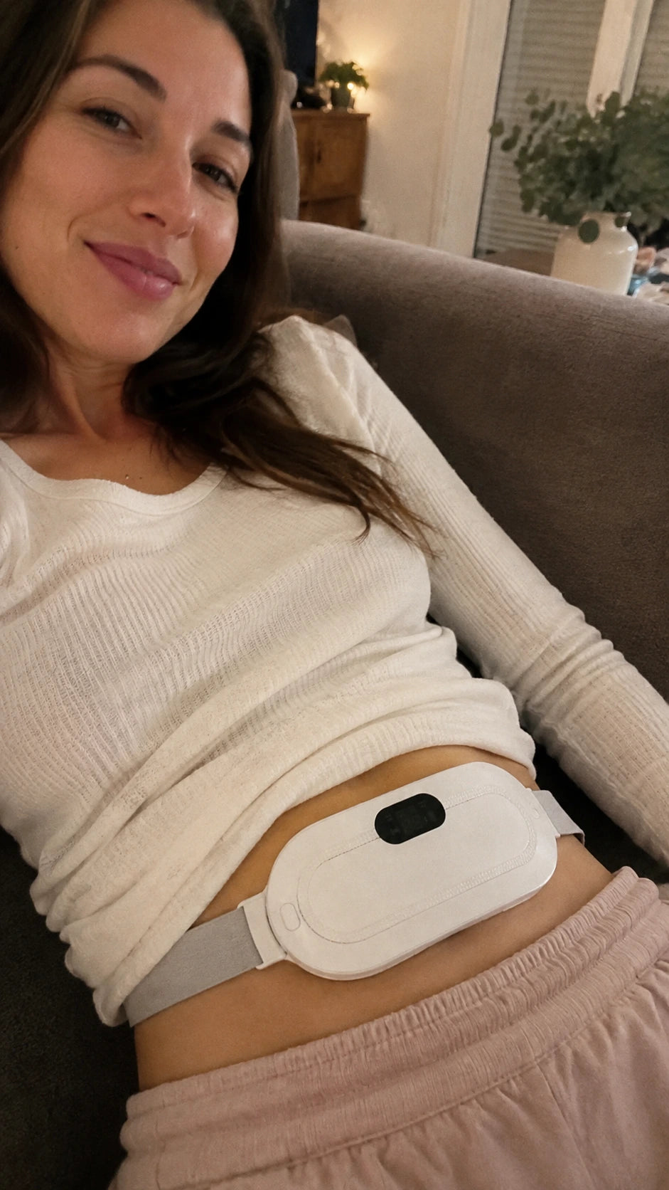 relaxing on sofa with belt