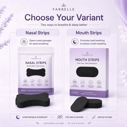 Choose your Farbelle Somnia variant: nasal strips or mouth strips packaging with product stacks