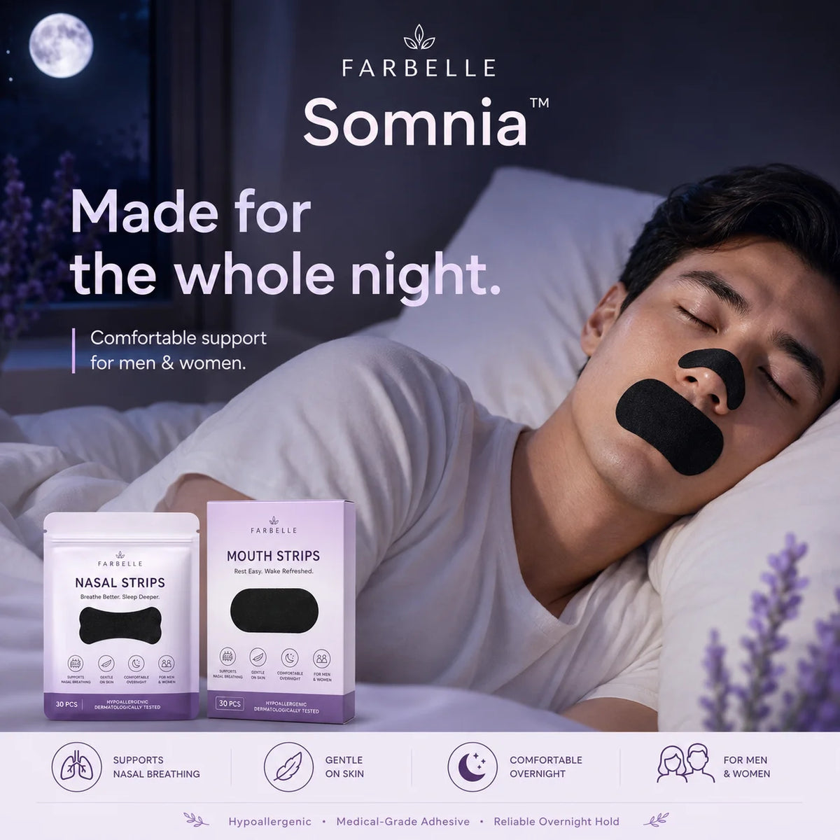 Man sleeping through the whole night wearing Farbelle Somnia strips