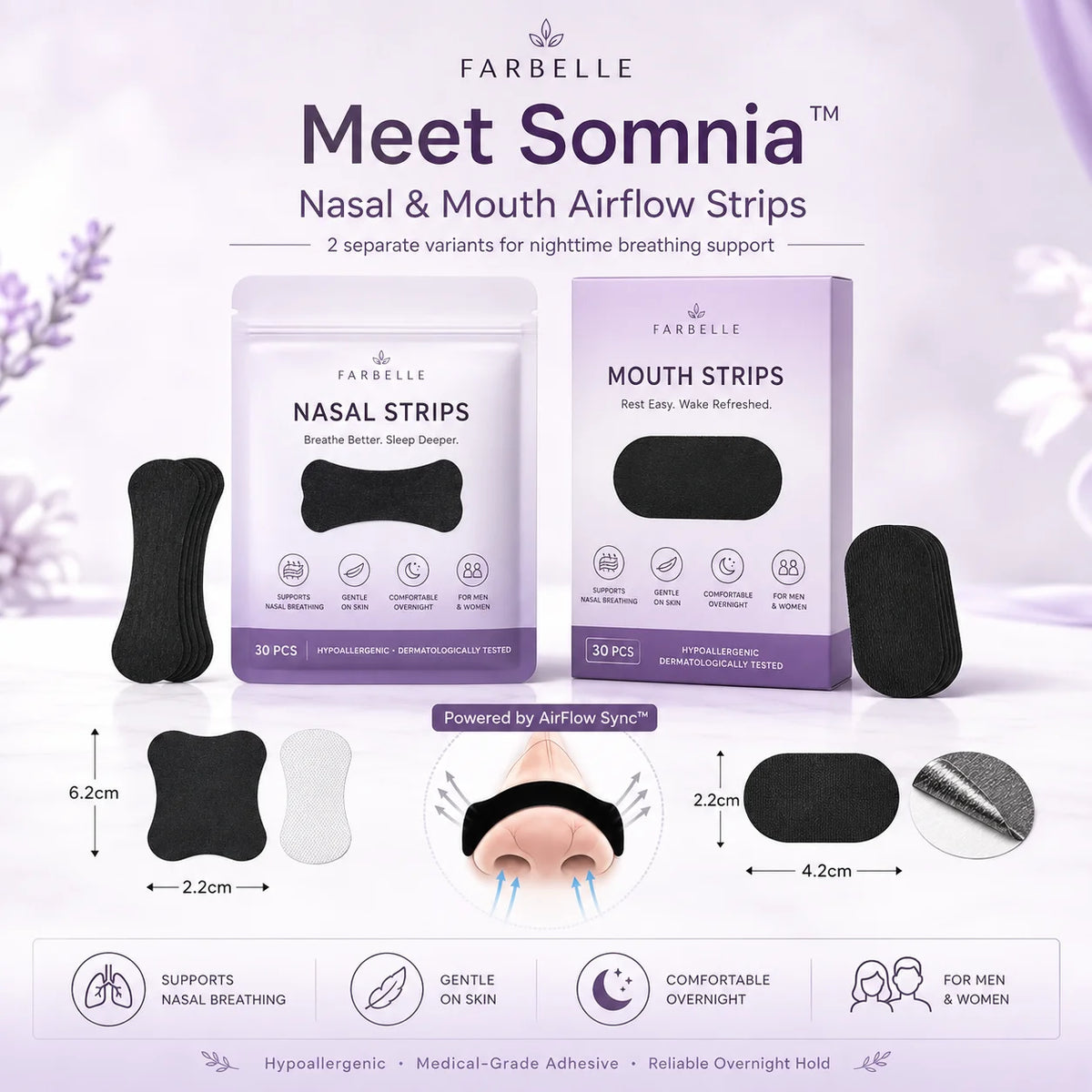 Farbelle Somnia nasal and mouth airflow strips, two variants with dimensions, powered by AirFlow Sync