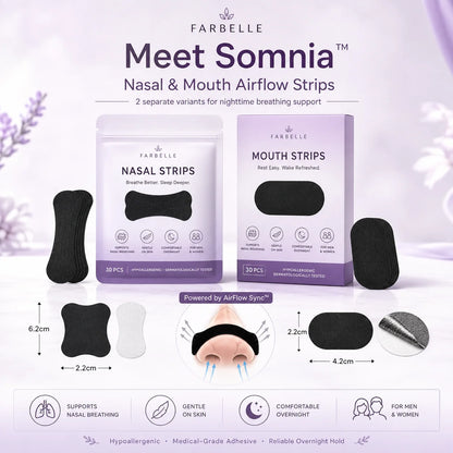 Farbelle Somnia nasal and mouth airflow strips, two variants with dimensions, powered by AirFlow Sync