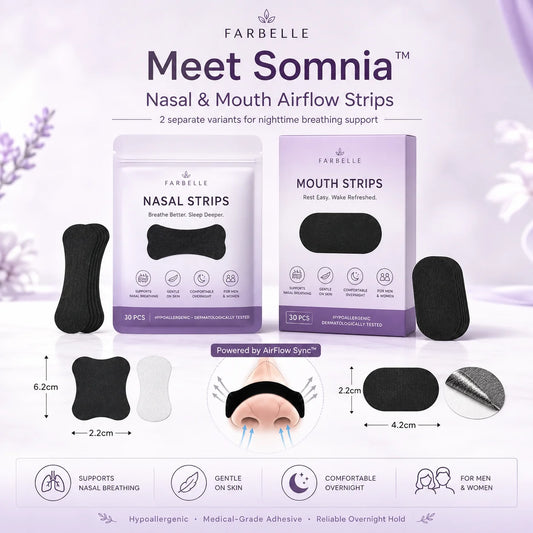 Farbelle Somnia nasal and mouth airflow strips, two variants with dimensions, powered by AirFlow Sync