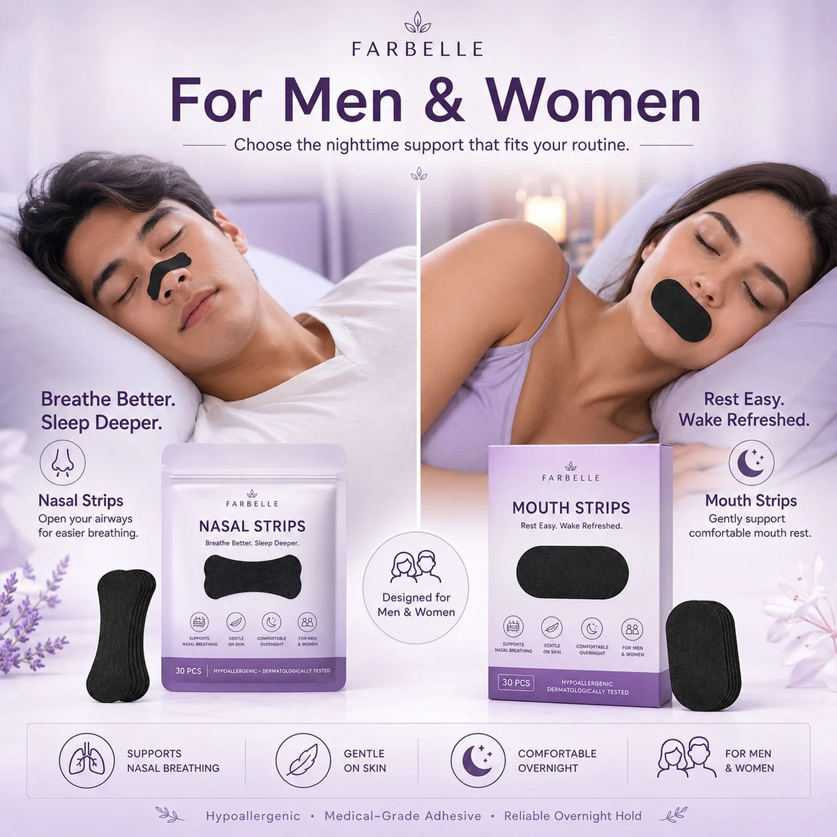 Farbelle Somnia airflow strips for men and women, nasal strips and mouth strips worn while sleeping