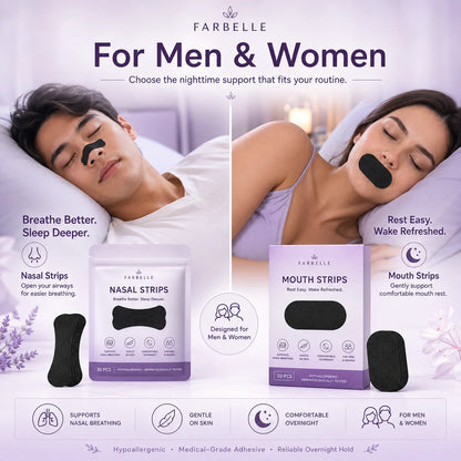 Farbelle Somnia airflow strips for men and women, nasal strips and mouth strips worn while sleeping