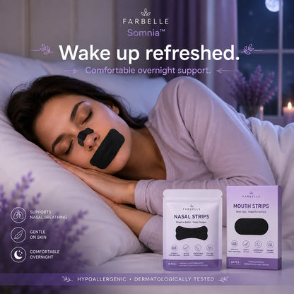 Woman sleeping comfortably wearing Farbelle Somnia nasal strip and mouth strip